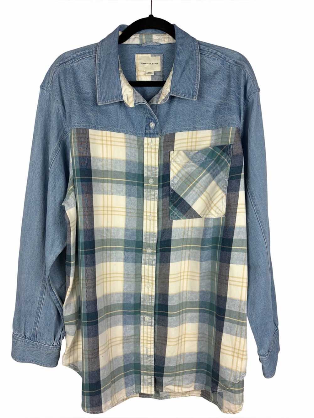 American Eagle Denim Plaid Button Up Shirt Medium Chambray Mixed Media Cotton